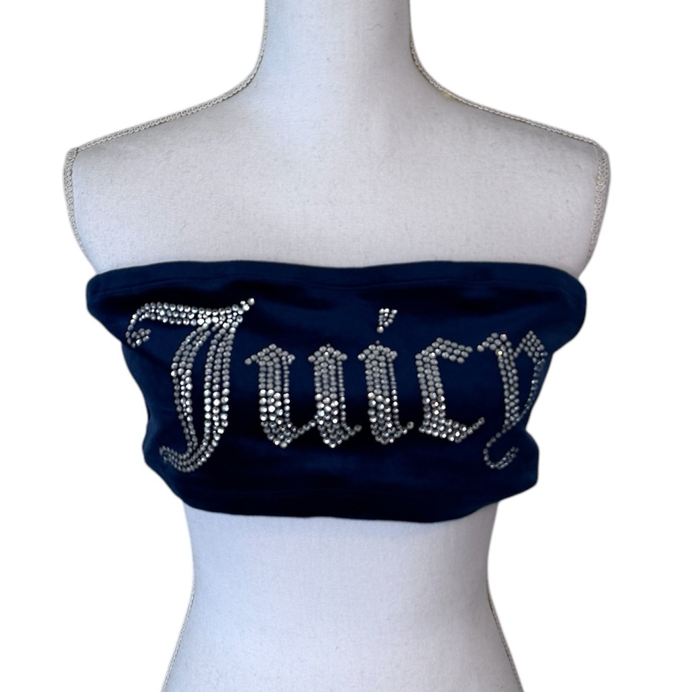 Juicy Couture Velour Tube Top Navy Rhinestone Logo Bling Y2K Glam Girly